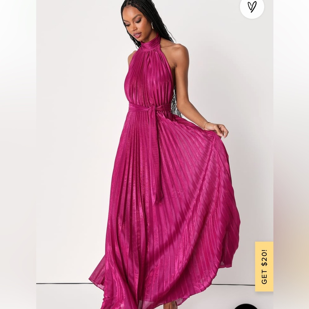 Everlasting Glow Shiny Magenta Pleated Halter Maxi Dress